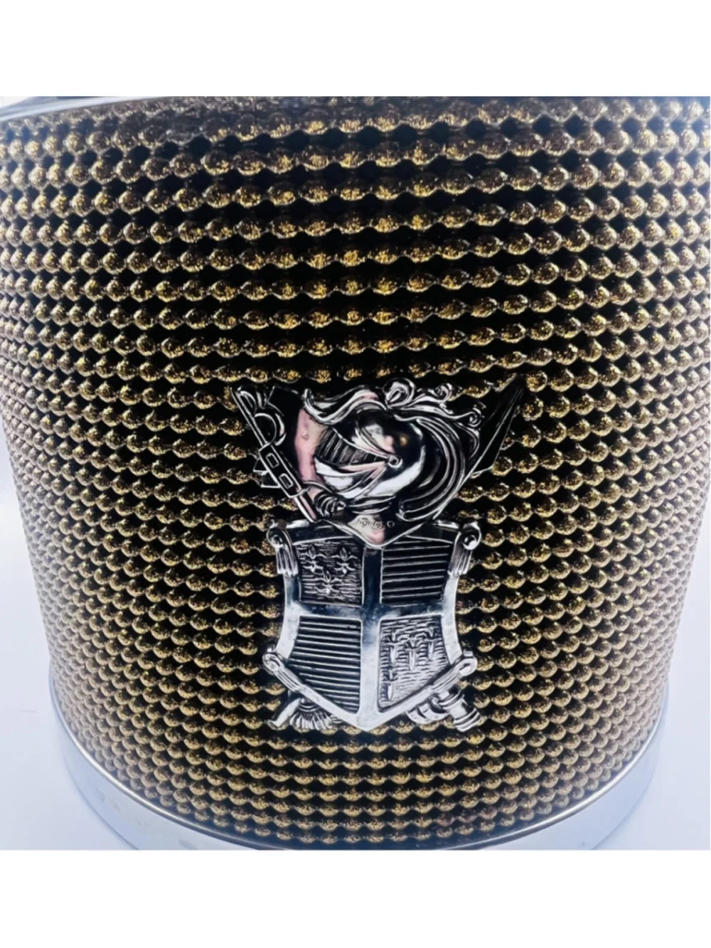 Vintage Chrome MCM Ice Bucket Bronze Silver Beaded Crest Shield w/ Lid & Handle